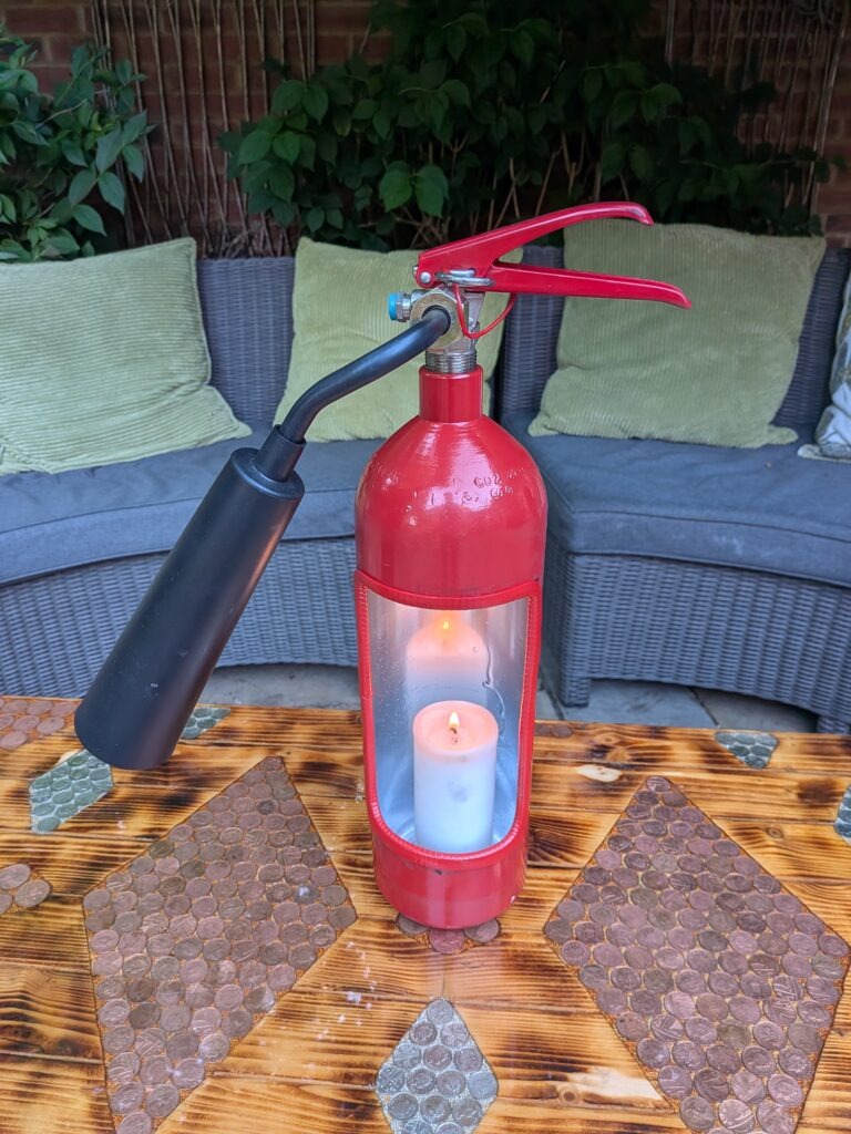 fire extinguisher upcycled candle holder