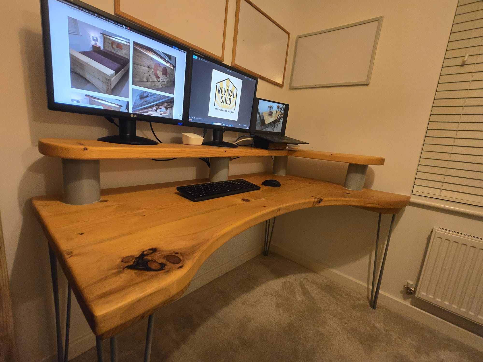 my double layer curved desk made from repurposed industrial wood