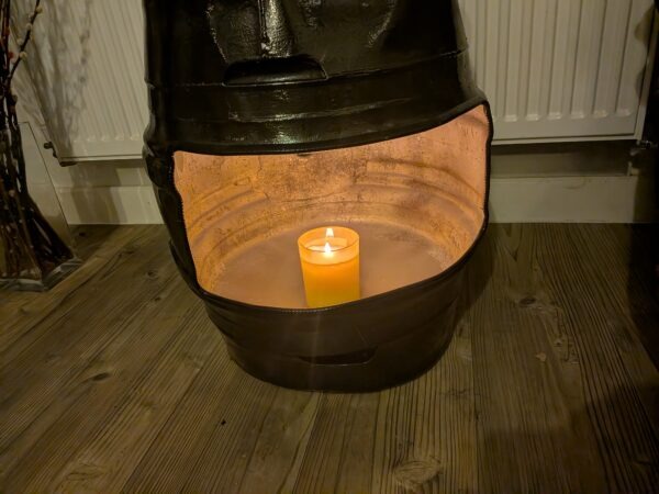upcycled Beer barrel coffee table with a candle in