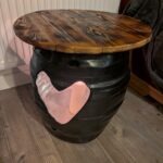 Upcycled beer barrel heart table with burnt pallet wood top