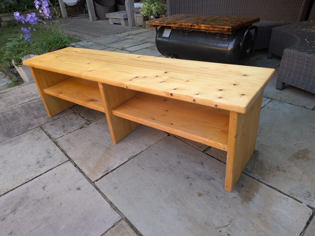 Handmade scaffold board TV unit and wooden bench with two storage shelves