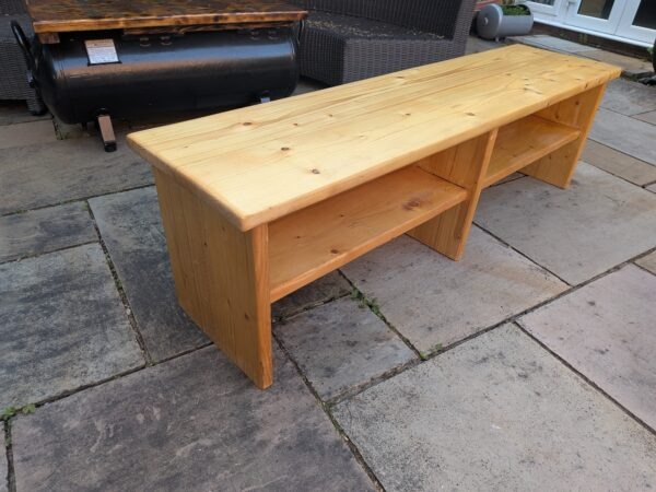 Handmade scaffold board TV unit and wooden bench with two storage shelves