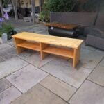 Handmade scaffold board TV unit and wooden bench with two storage shelves