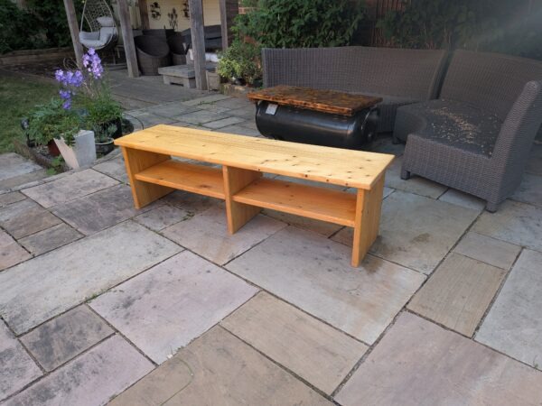 Handmade scaffold board TV unit and wooden bench with two storage shelves