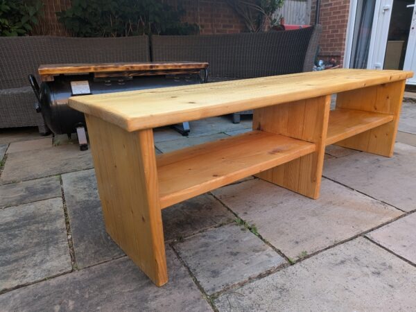 Handmade scaffold board TV unit and wooden bench with two storage shelves