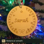 Botanical wreath personalised wooden Christmas tree decoration engraved with Sarah