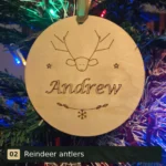 Reindeer antlers personalised wooden Christmas tree decoration engraved with Andrew