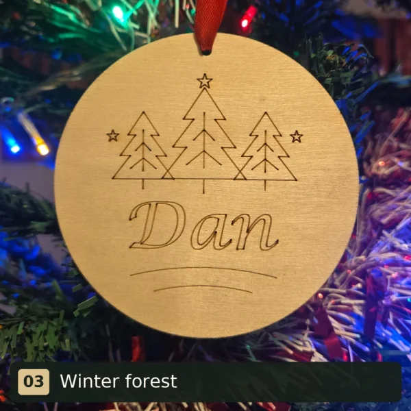 Winter forest personalised wooden Christmas tree decoration engraved with Dan