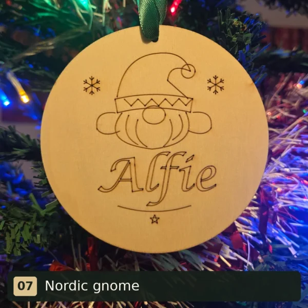 Nordic gnome personalised wooden Christmas tree decoration engraved with Alfie