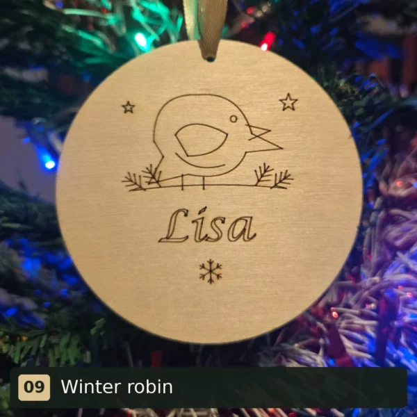 Winter robin personalised wooden Christmas tree decoration engraved with Lisa