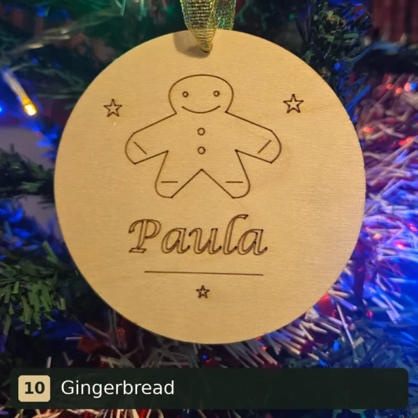 Gingerbread personalised wooden Christmas tree decoration engraved with Paula