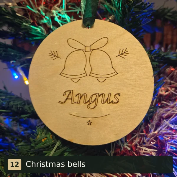 Christmas bells personalised wooden Christmas tree decoration engraved with Angus
