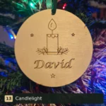 Candlelight personalised wooden Christmas tree decoration engraved with David