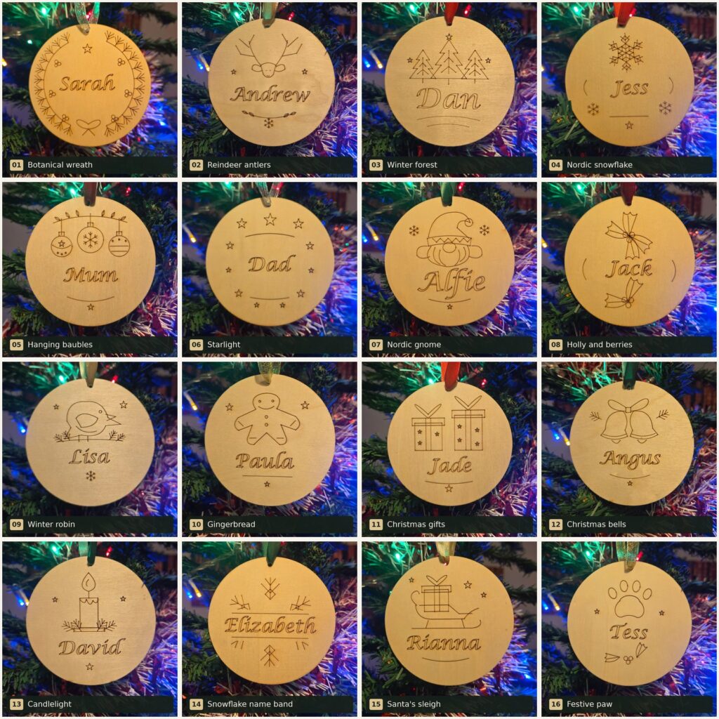 Design range of personalised christmas tree decorations