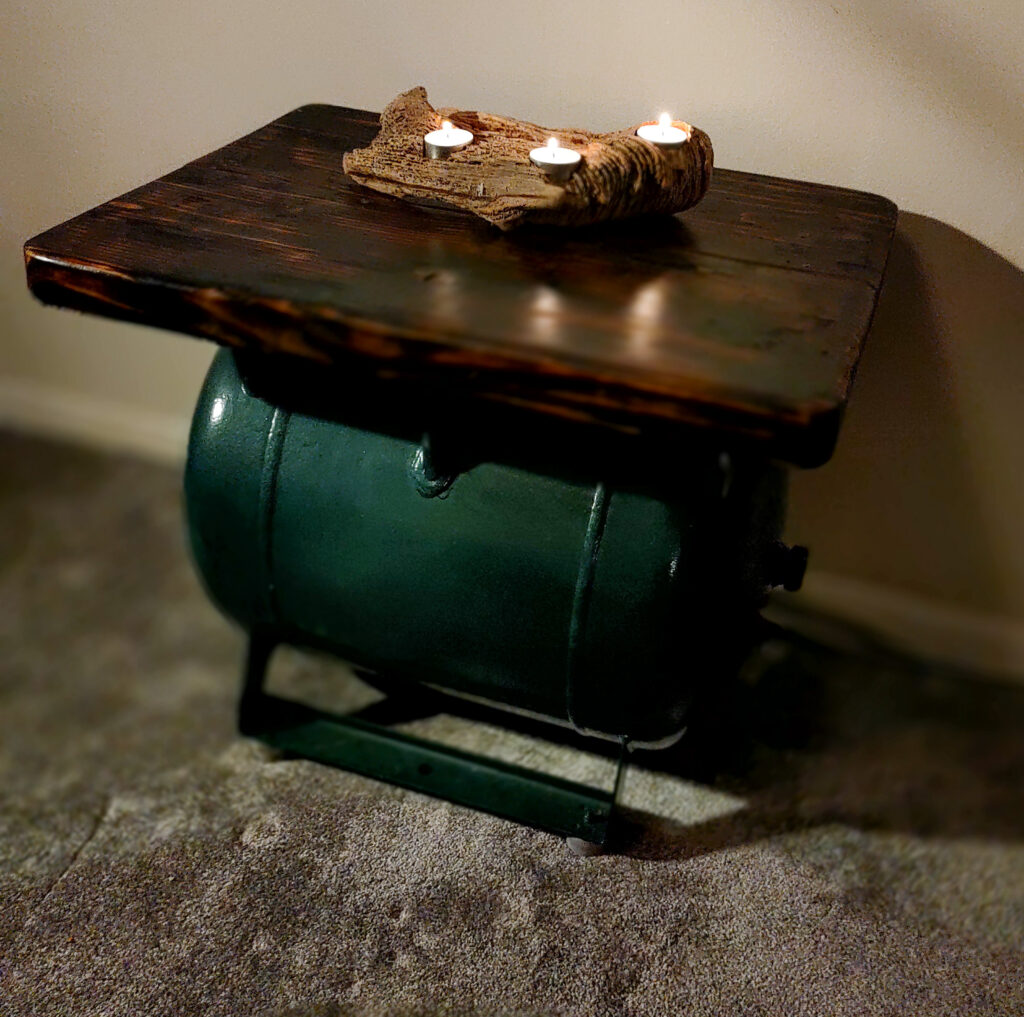 Industrial upcycled  Receiver tank coffee table with a burnt wood top