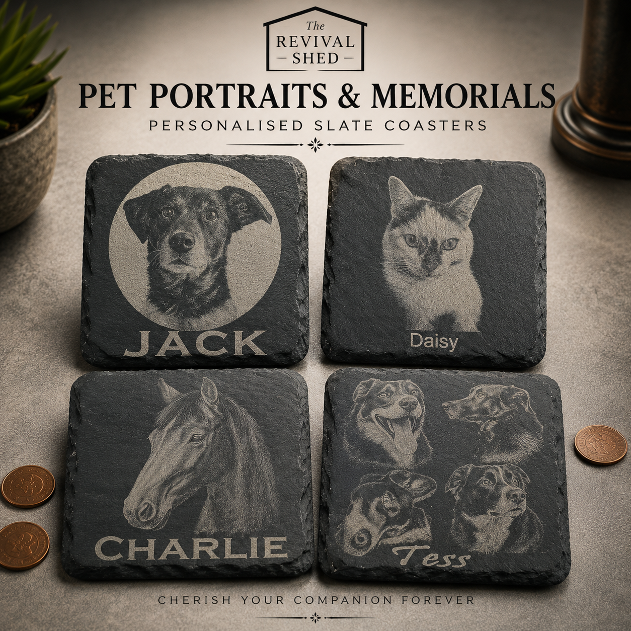 put your little companions face on a slate coaster.